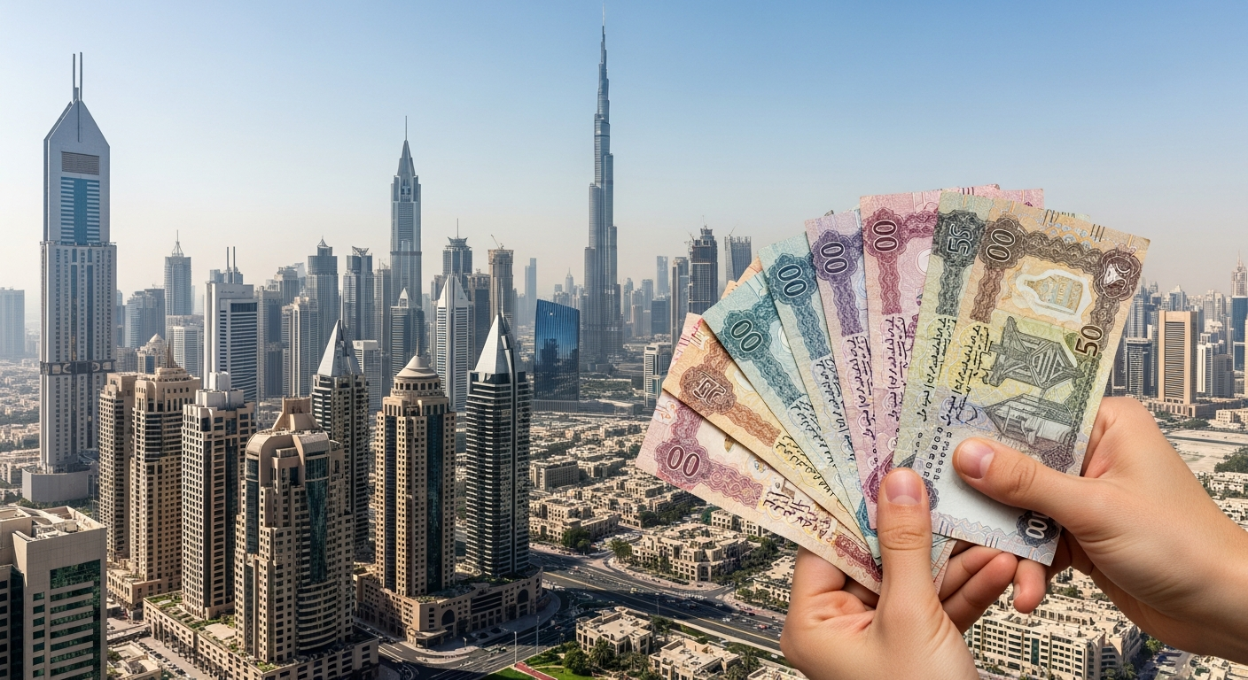 Dubai financial district with currency